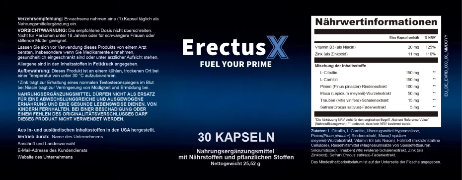 ErectusX Etikett mit Nährwertinformationen: Niacin, Zink, L-Citrullin, L-Carnitin, Maca und Safran